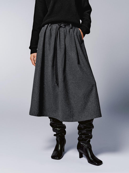 Wool Blend Belted Pleated A-Line Midi Skirts