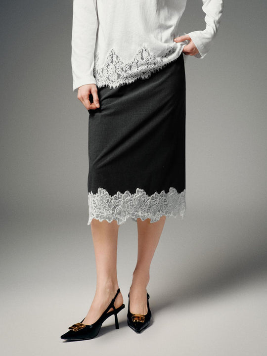 Drawstring Pull On Lace Trim Straight Midi Skirts