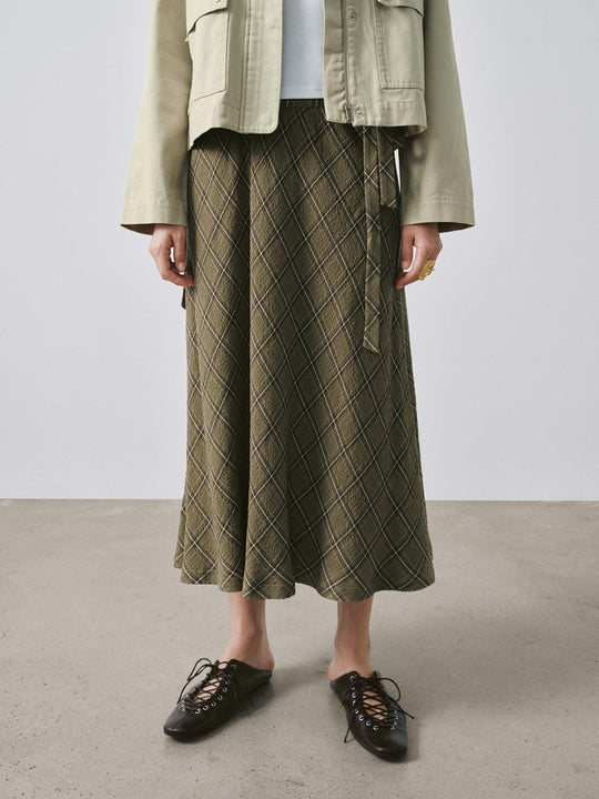 Contrast Check Tie Belted A-Line Midi Skirts