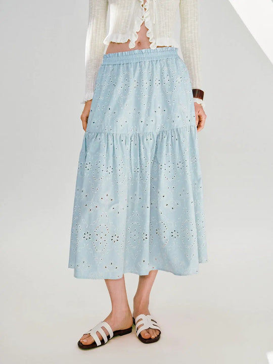 Cotton A Line Tiered Eyelet Embroidered Skirt