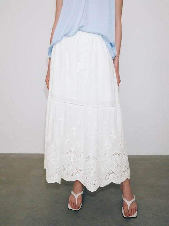 Guipure Lace Tiered Drawstring Pull On A-Line Midi Skirts