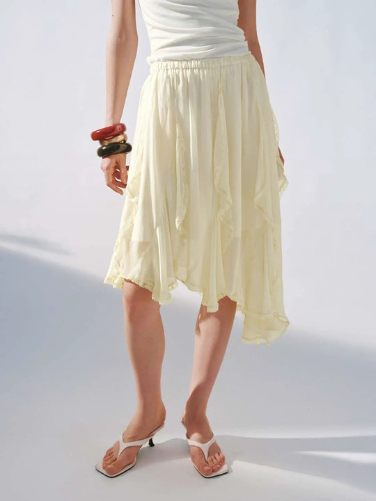 Asymmetric Ruffle A Line Midi Lace Trim Skirts