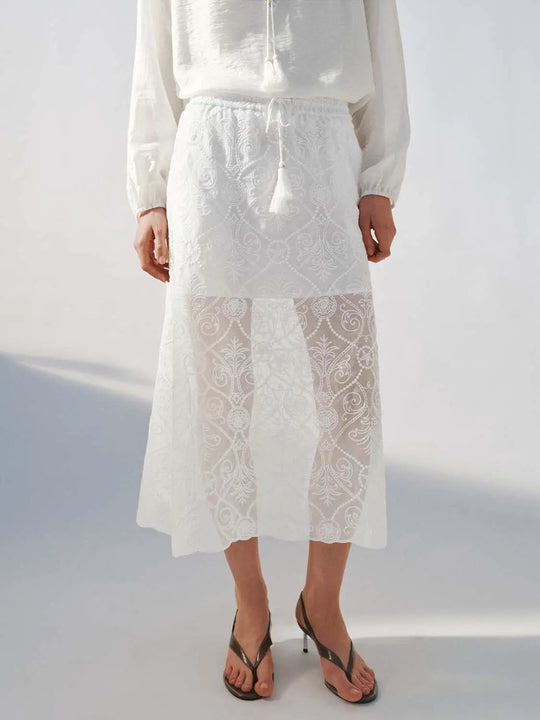Guipure Tassel Detail Drawstring Pull On A-Line Midi Skirts