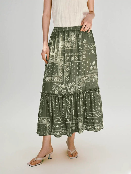 Printed Seamed Shirring Detail Pull On A-Line Midi Skirt