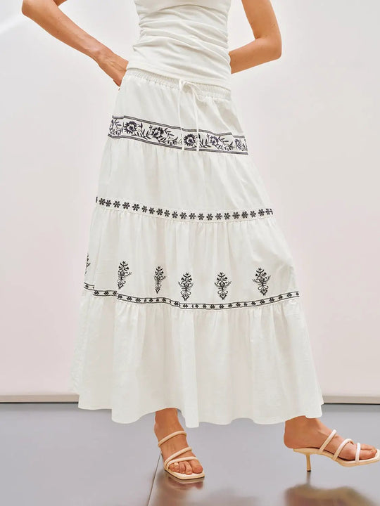 Embroidered Floral Printed Tiered Cotton Maxi Skirt
