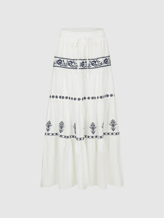 Cotton Embroidered Floral Printed Tiered Maxi Skirts