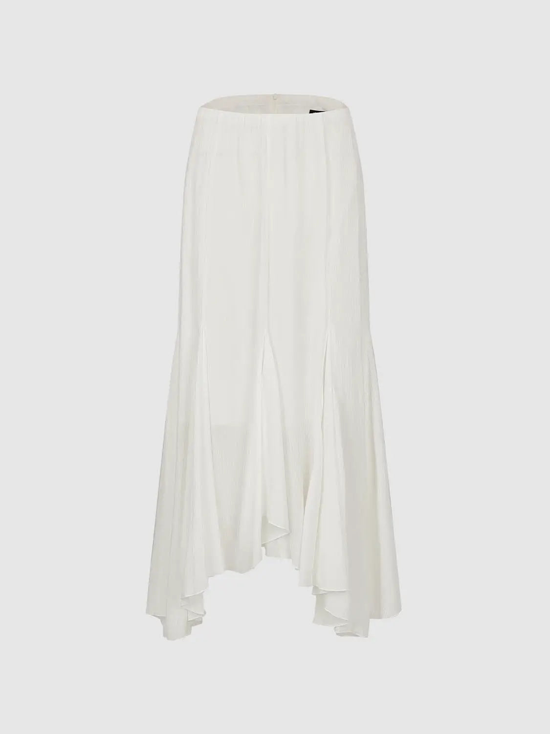 A-line skirt, white, flowing pleated panels with an asymmetric hem