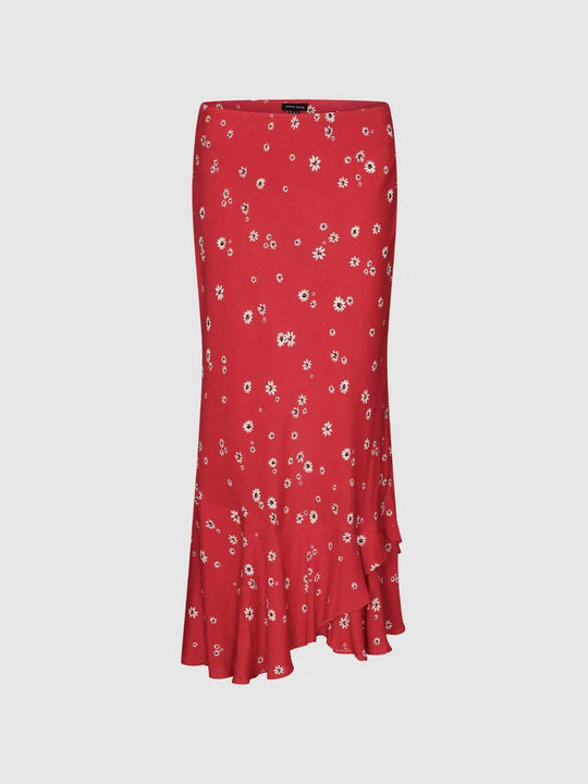Jupe midi légère à fleurs rouge vif avec ourlet volanté