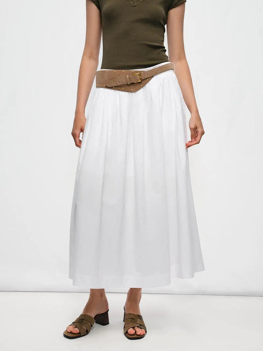 A-line Cotton White Solid Belted Maxi Skirt