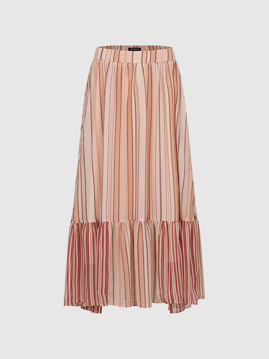 Striped Gathered Waist A-line Ruffle Hem Skirt