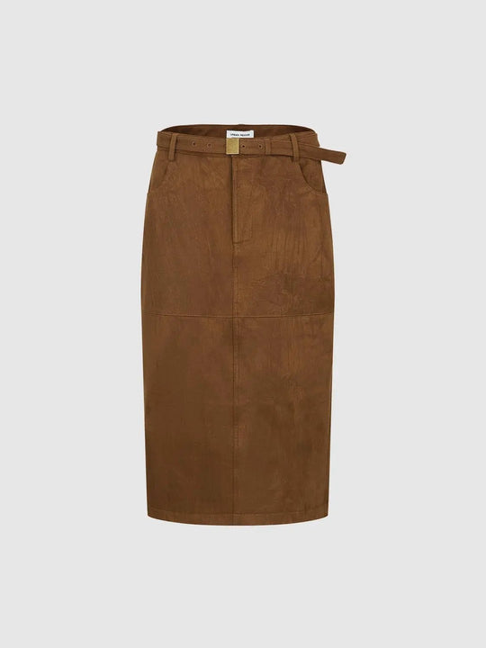 Textured Belted Mid-rise Straight Midi Skirt
