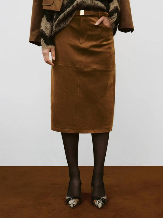 Jupe midi droite taille mi-haute, en tissu texturé, avec ceinture
