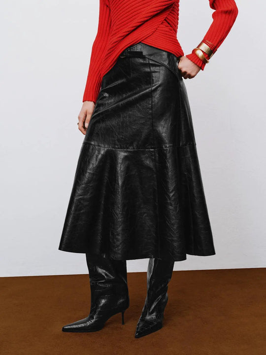 Crinkled Panelled A-Line Mid-rise Midi Skirt