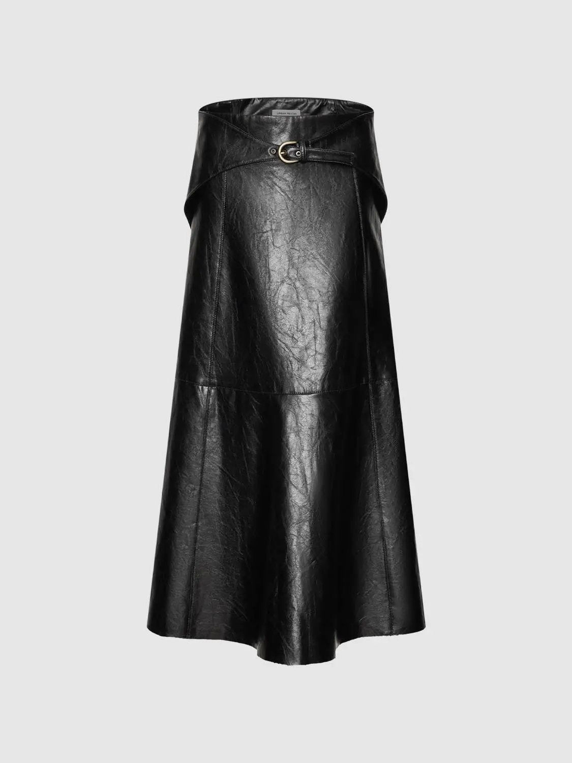 A-Line black faux leather skirt with gold buckle belt by Urban Revivo Fashion.
