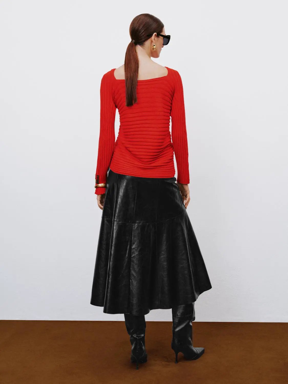 A-Line Skirt by Urban Revivo Fashion, black faux leather, midi length.