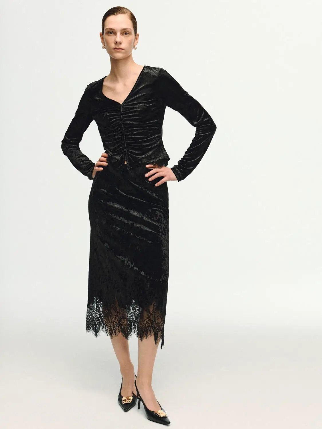 Women's black crushed-velvet H-line skirt with scalloped lace hem, midi length