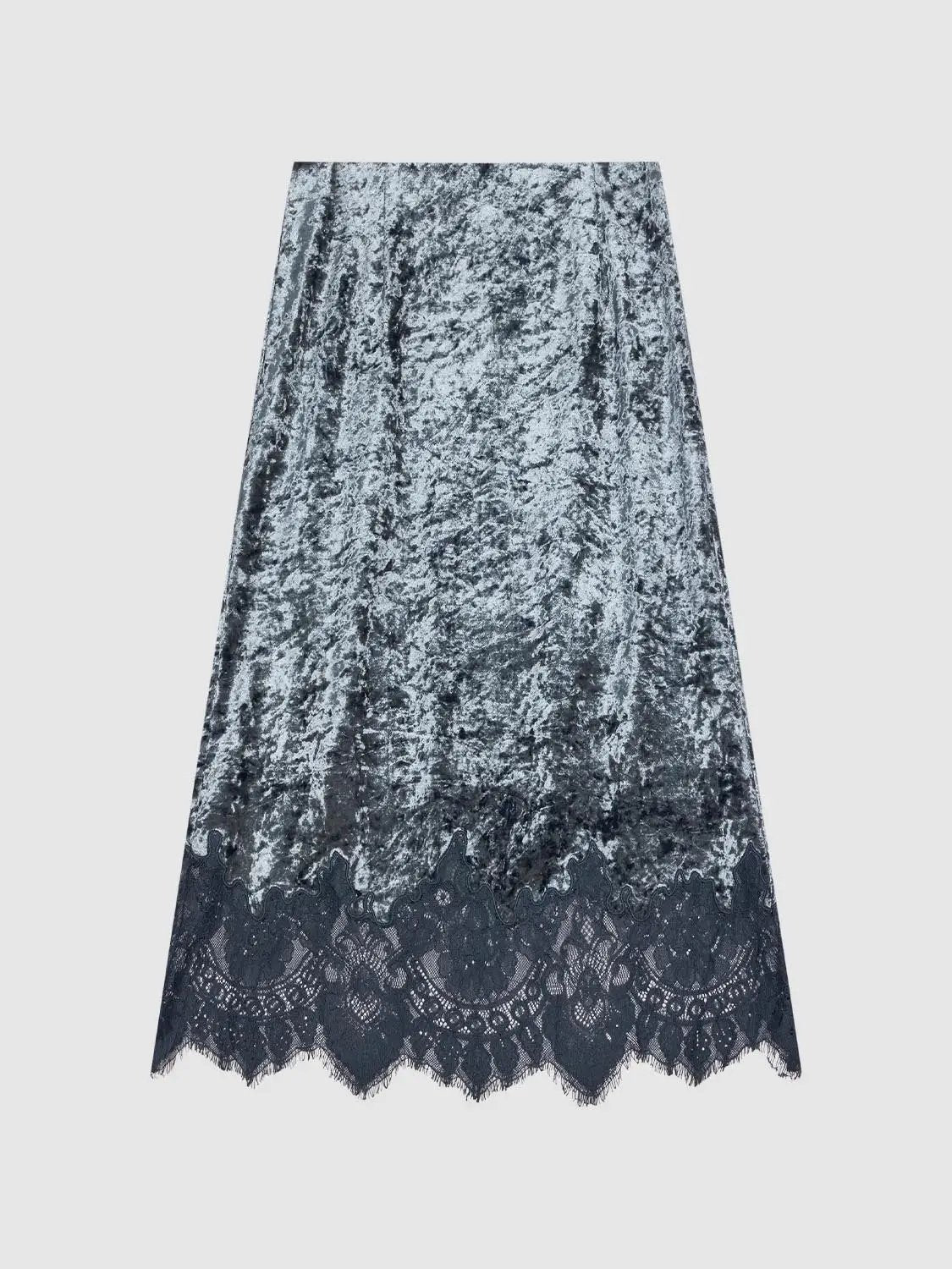 Scalloped lace-hem crushed-velvet H-line skirt in blue-gray by Urban Revivo Fashion