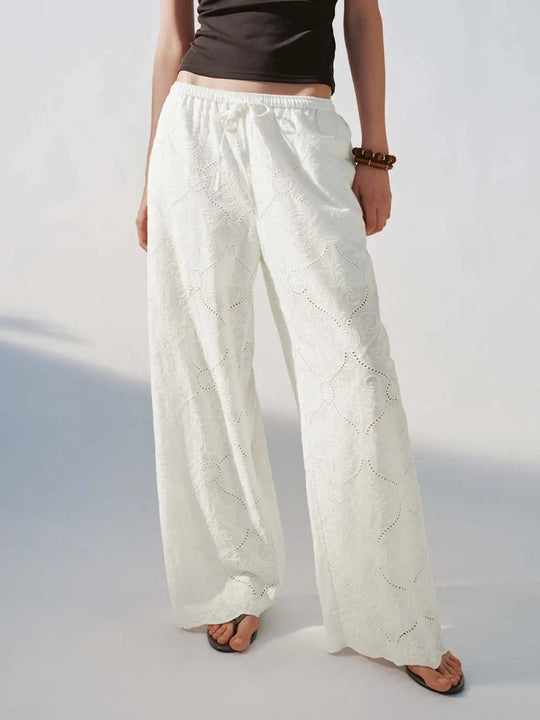 Drawstring Guipure Embroidered Cotton Wide Leg Pants