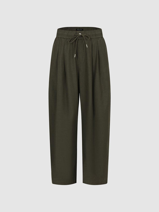 Drawstring Pull On Pleated Barrel Leg Pants
