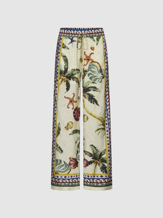 Drawstring Printed Wide Leg Pants