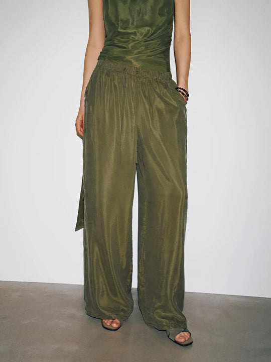 Women Drawstring Pull On Wide Leg Pants Casual Comfort Everyday Wear