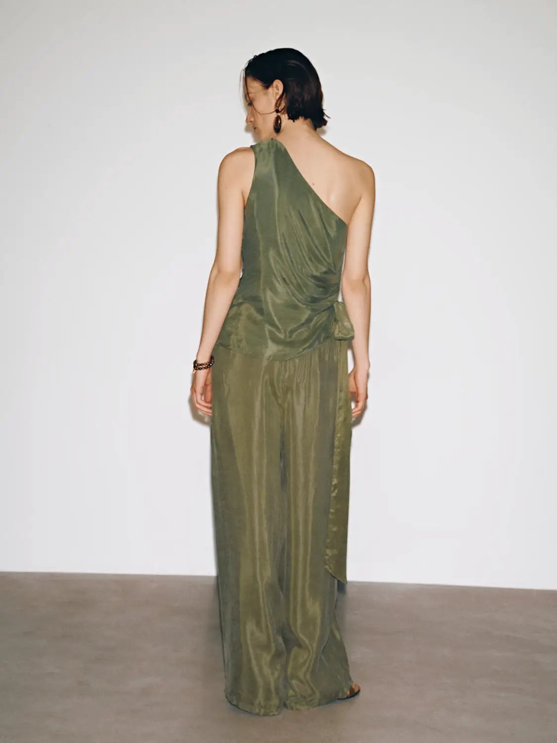 Drawstring pull-on wide-leg pants in olive green satin.
