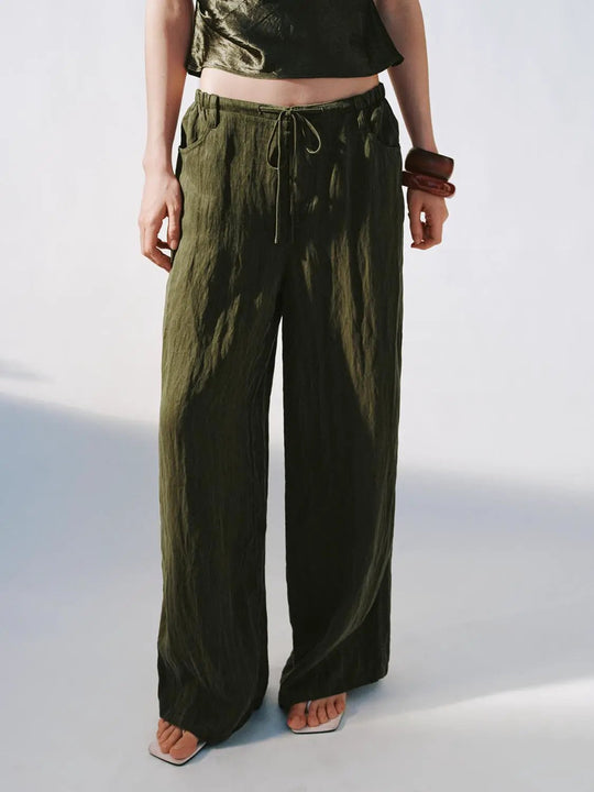 Drawstring Wide Leg Pants With Slight Stretch Relaxed Fit