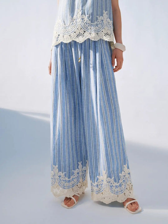 Viscose Linen Striped Lace Hem Wide Leg Pants