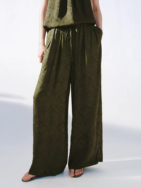 Drawstring Pull On Printed Wide Leg Pants With Slight Stretch
