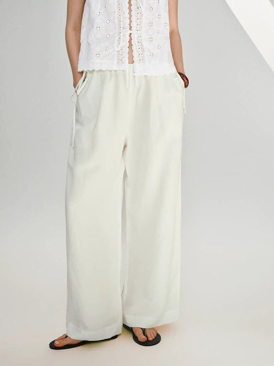 Linen Blend Breathable Drawstring Pull On Wide Leg Pants