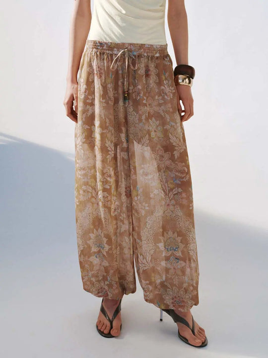 Soft Metallic Floral Print Drawstring Wide-Leg Pants