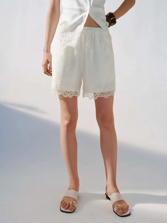 Drawstring Lace Trim Linen Lyocell Shorts