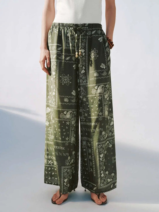 Olive Viscose Blend Bandana Print Wide Leg Pants