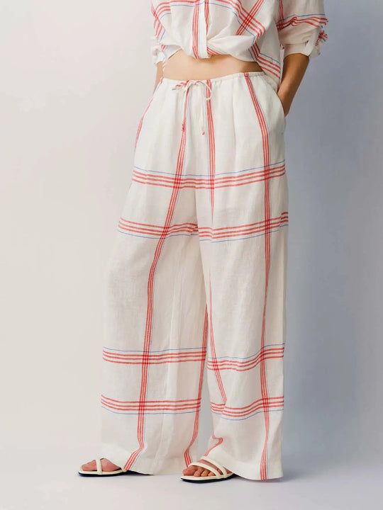 Lyocell Linen Blend Plaid Stripe Pattern Lightweight Non Stretch Cotton Lining Pants