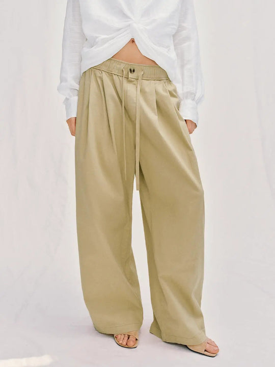 Pleated Wide-leg Cotton Tie Belt Pants