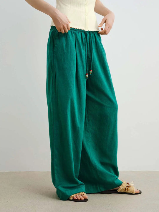 Cotton Elastic Waist Wide-Leg With Subtle Textured Weave Details And Topstitching Pants