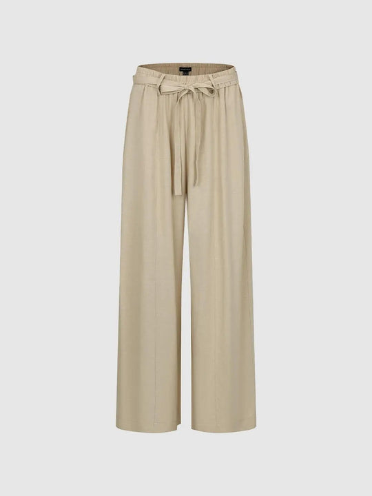 Belted Tie Waist Wide Leg Lyocell Linen Blend Pants