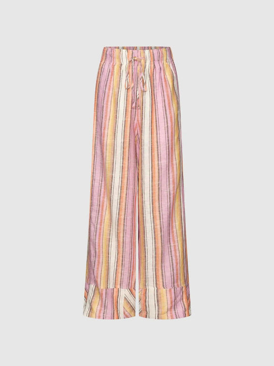 Drawstring Waist Striped Cuffed Linen Blend Wide-leg Pants