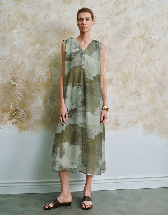 Gerades Kleid mit V-Ausschnitt und Print