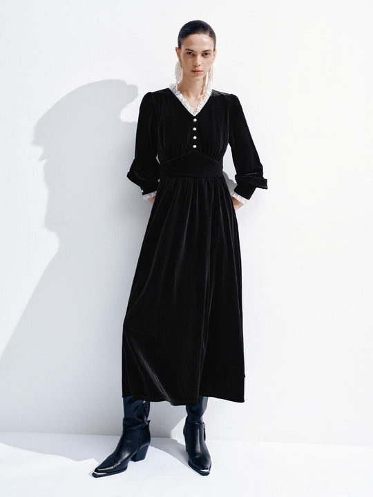 V-Neck Long Sleeve Midi Dresses