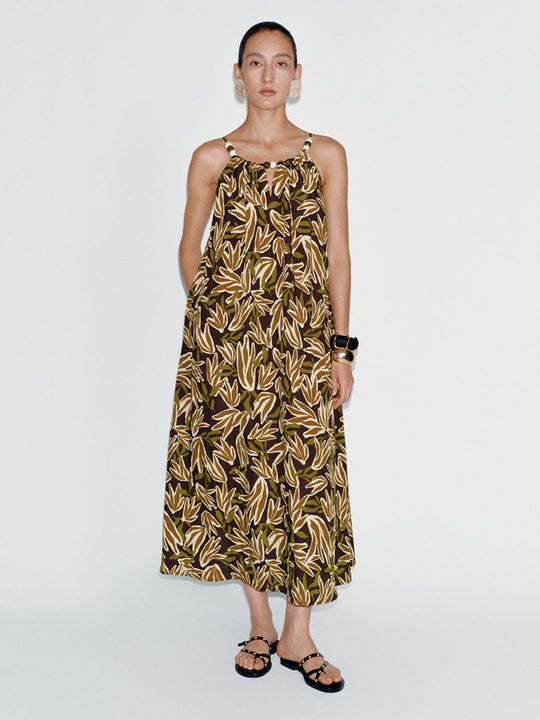 Strappy Beaded Printed A-Line Midi Dresses