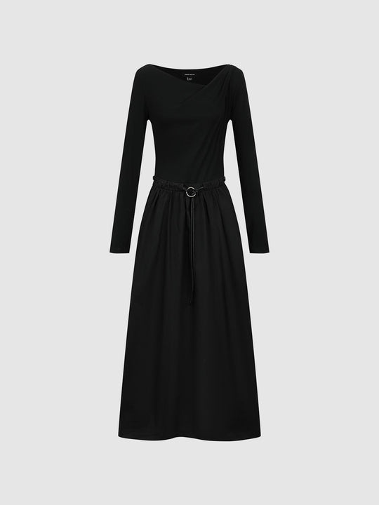 Belted Asymmetric Long Sleeve A-Line Midi Dresses