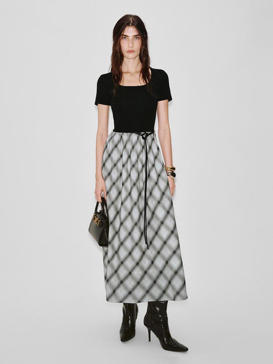 Scoop Neck Short Sleeve Check A-Line Midi Dresses