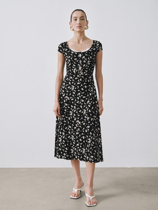 Scoop Neck Floral A-Line Midi Dresses