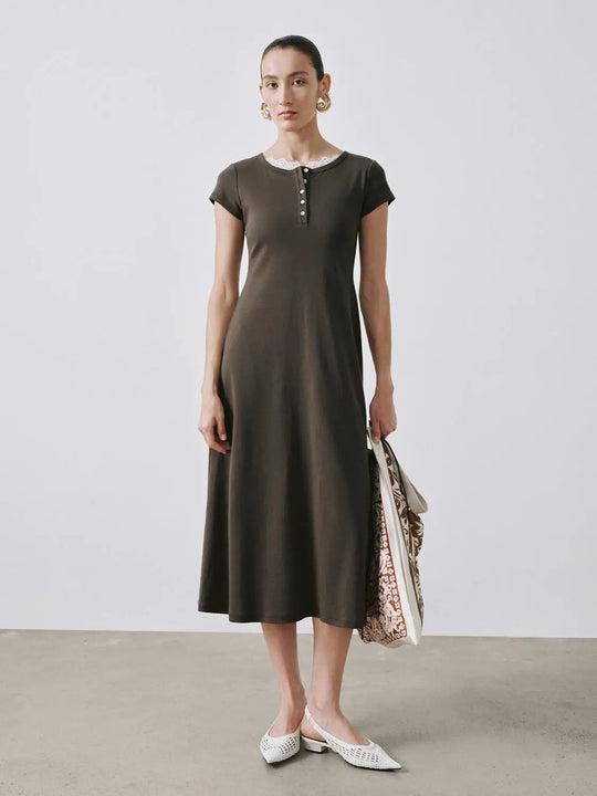 Round Neck Cotton-Blend A-Line Midi Dresses
