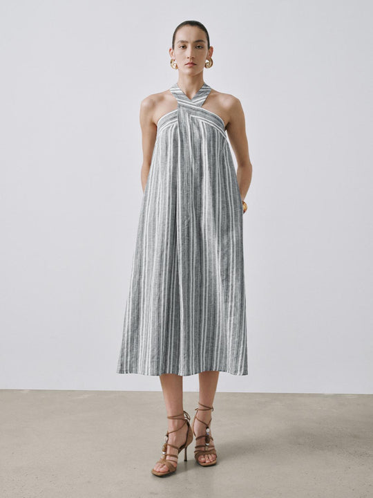 Halter Neck Contrast Striped A-Line Dresses