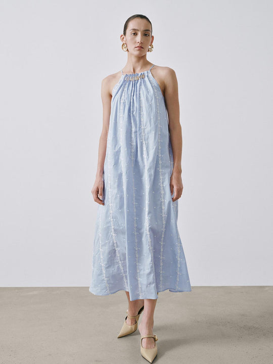 Embroidered Beaded Strappy A-Line Maxi Dresses