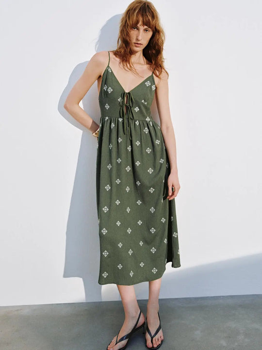 Olive Green Embroidered Strappy A-Line Stretch Midi Dress