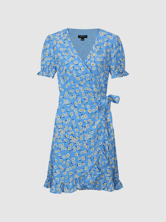 Printed V-Neck Puffball Sleeve A-Line Midi Dresses