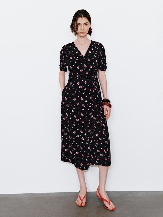 V-Neck Printed Puff Sleeve Straight Midi Dresses